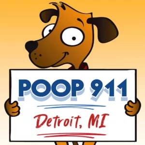 A POOP 911 Detroit pooper scooper service yard sign being held by a happy and smiling brown dog.