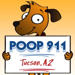 A POOP 911 Tucson pooper scooper service yard sign being held by a happy and smiling brown dog.