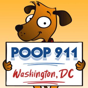 POOP 911 Washington DC pooper scooper service yard sign being held by a happy and smiling brown dog.