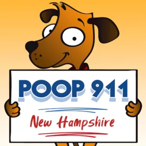 POOP 911 New Hampshire pooper scooper service yard sign being held by a smiling brown dog.