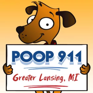 POOP 911 Great Lansing pooper scooper service yard sign being held by a smiling brown dog.