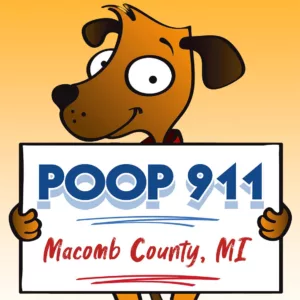 A POOP 911 Macomb County pooper scooper service yard sign being held by a happy and smiling brown dog.