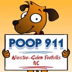 POOP 911 Winston-Salem pooper scooper service yard sign being held by a happy and smiling brown dog.