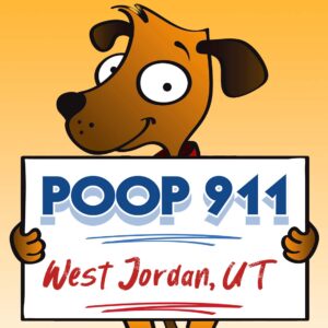 POOP 911 West Jordan, UT pooper scooper service yard sign being held by a happy and smiling brown dog.