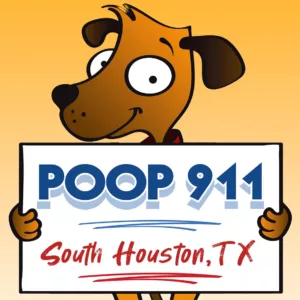 POOP 911 South Houston, Texas pooper scooper service yard sign being held up by a happy brown dog.
