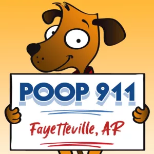POOP 911 Fayetteville pooper scooper service yard sign being held by a happy and smiling brown dog.