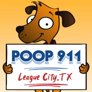 POOP 911 League City pooper scooper service yard sign being held by a happy brown dog.