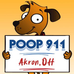 POOP 911 Akron, OH pooper scooper service yard sign being held by a happy and smiling brown dog.