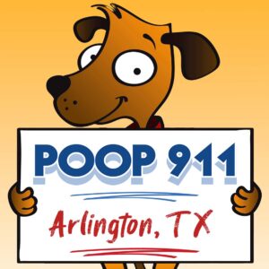 POOP 911 Arlington, TX pooper scooper service yard sign being held by a happy and smiling brown dog.
