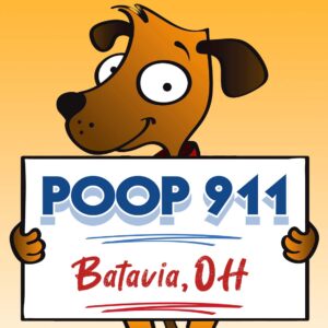 POOP 911 Batavia pooper scooper service yard sign being held by a happy and smiling brown dog.