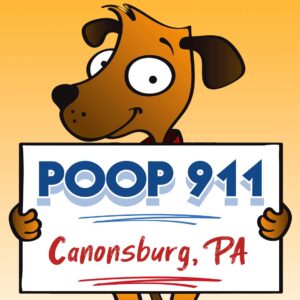 POOP 911 Canonsburg, PA pooper scooper service yard sign being held by a happy and smiling brown dog.