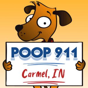 POOP 911 Carmel, IN pooper scooper service yard sign being held by a happy and smiling brown dog.