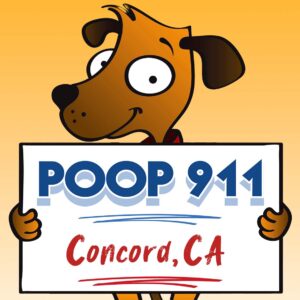 POOP 911 Concord pooper scooper service yard sign being held by a happy and smiling brown dog.
