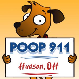 POOP 911 Hudson, OH pooper scooper service yard sign being held by a happy and smiling brown dog.