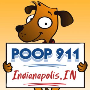 POOP 911 Indianapolis pooper scooper service yard sign being held by a happy and smiling brown dog.