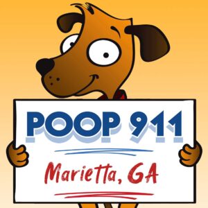 POOP 911 Marietta, GA pooper scooper service yard sign being held by a happy and smiling brown dog.