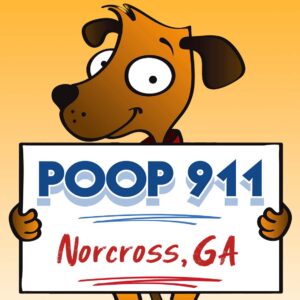 POOP 911 Norcross pooper scooper service yard sign being held by a happy and smiling brown dog.
