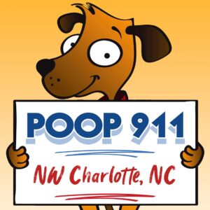 POOP 911 NE Charlotte, NC pooper scooper service yard sign being held by a happy and smiling brown dog.