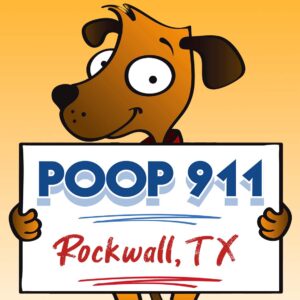 POOP 911 Rockwall, Texas Pooper Scooper Service Yard Sign Being Held By A Happy and Smiling Brown Dog.