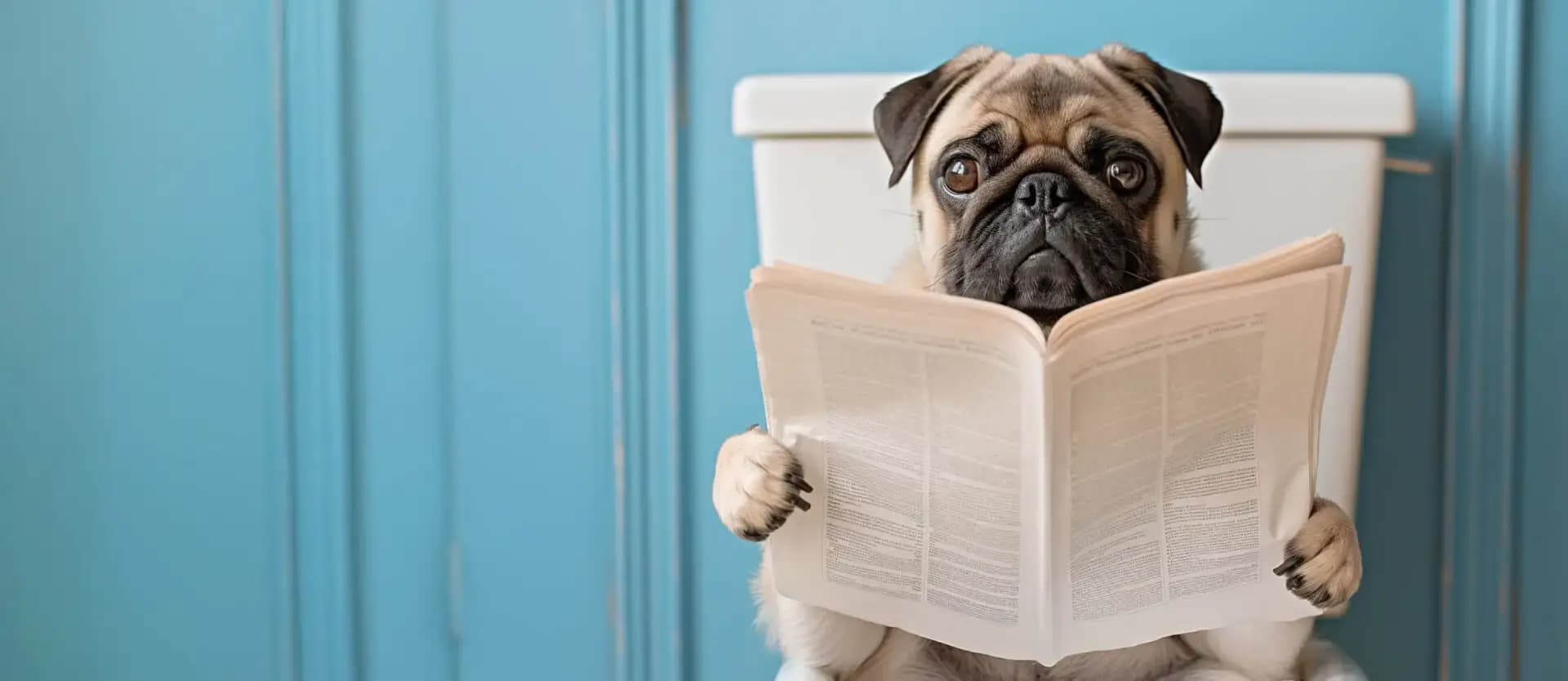 French Bulldog in bathroom using toilet reading newspaper