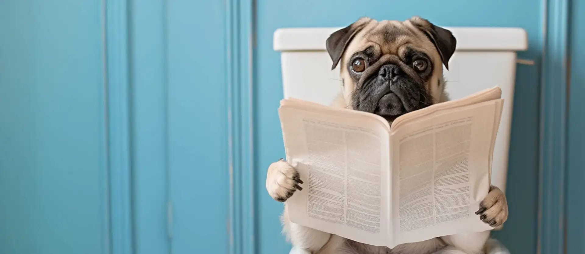 French Bulldog in bathroom using toilet reading newspaper