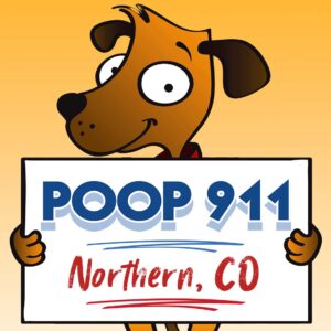A POOP 911 Northern Colorado yard sign being held by a happy brown dog and a golden background.