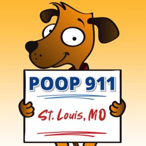 Happy brown dog smiling and holding a POOP 911 St. Louis pooper scooper service yard sign