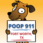 Fort Worth Pooper Scooper Service POOP 911 dog holding up sign and smiling.