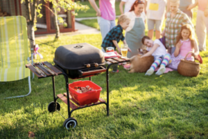 Family and friends having a BBQ and enjoying a footloose and worry-free yard in Lansing, Michigan.