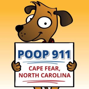 Cape Fear Pooper Scooper Service POOP 911 dog holding up sign and smiling.