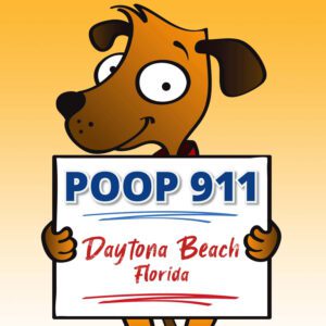Daytona Beach pooper scooper service POOP 911 yard sign being held by a smiling brown dog