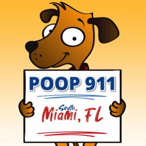 Miami South Pooper Scooper Service POOP 911 Yard Sign being held by a happy brown dog.