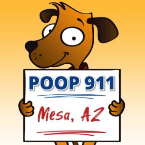 POOP 911 Mesa, Arizona yard sign being held by a happy brown dog.