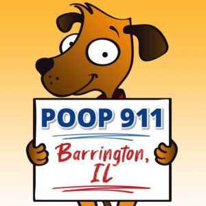 Happy brown dog smiling while holding up a POOP 911 Barrington, Illinois pooper scooper service yard sign.