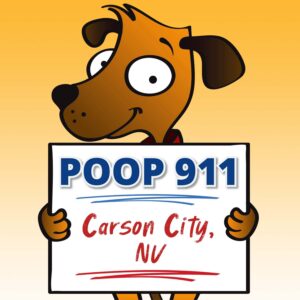 Happy brown dog smiling while holding up a POOP 911 Carson City pooper scooper service yard sign.