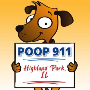 Happy brown dog smiling while holding up a POOP 911 Highland Park, Illinois Pooper Scooper Service yard sign.