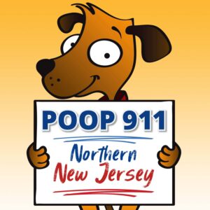 Happy brown dog smiling while holding up a POOP 911 Northern New Jersey Pooper Scooper Service Yard Sign.