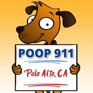 A happy brown dog holding up a POOP 911 Palo Alto Pooper Scooper Service yard sign.