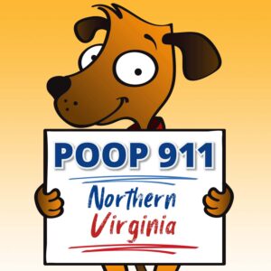 A happy brown dog smiling and holding a POOP 911 Northern Virginia yard sign.