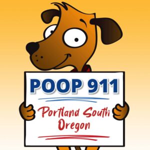 Portland South Pooper Scooper Service POOP 911 yard sign being help by a happy and smiling brown dog.