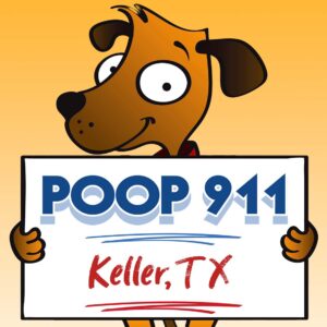 POOP 911 Keller, TX pooper scooper service yard sign being held by a happy and smiling brown dog.