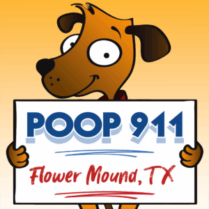 POOP 911 Flower Mound Texas Pooper Scooper Service Yard Sign being held by a Happy and Smiling Brown Dog.