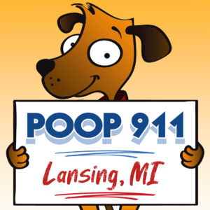 POOP 911 Lansing, Michigan pooper scooper service yard sign being held by a smiling brown dog.