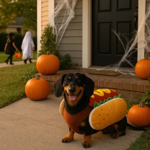 A happy Dachshund dressed in a hot dog costume with mustard and bun details, sitting on a front porch decorated with pumpkins and Halloween cobwebs.