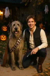 Matching Hans Solo and Chewbacca Halloween costumes for pet parents and their dogs.