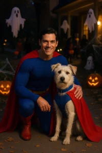 Matching Superman and Krypto Halloween costumes for pet parents and their dogs.
