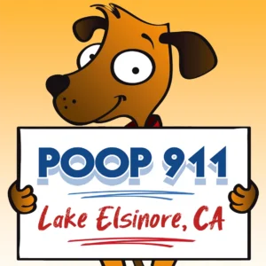 Lake Elsinore Pooper Scooper Service POOP 911 yard sign being held by a happy brown dog.