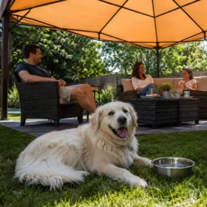 Dog staying cool in the backyard with the family.