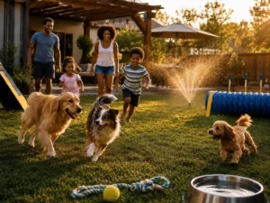 A happy family playing water games with their even happier dogs.