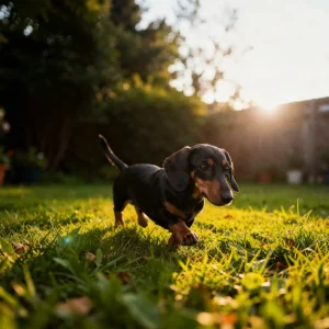 A black and tan Dachshund is spending time in the backyard in summer.